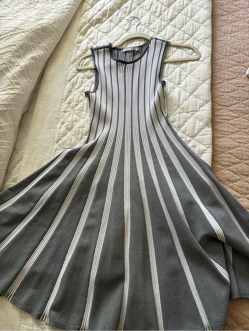 Adore Gray & White Striped Sleeveless Knit Midi Dress